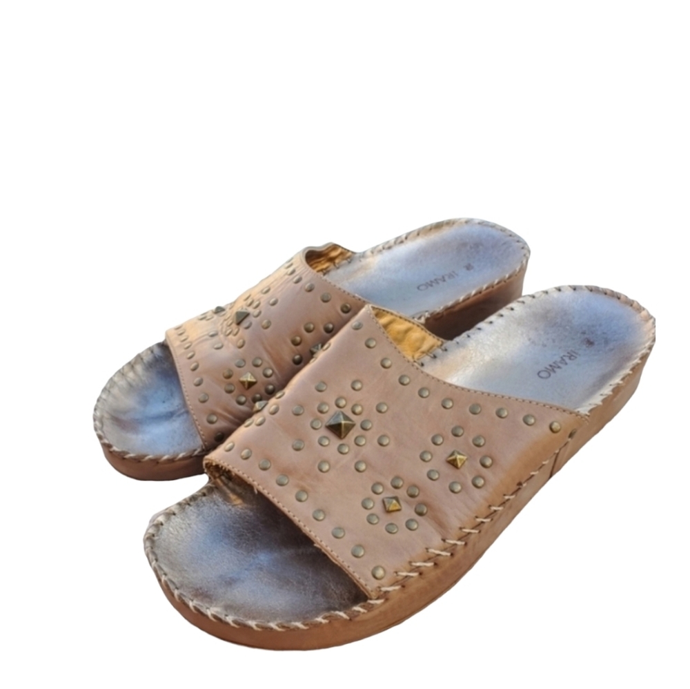 IRAMO SAM OMARI Studded Leather Platform Slides 40 9.5 Tan Boho Sandals - Picture 3 of 14